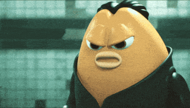 a cartoon character with an angry look on his face wearing a black jacket