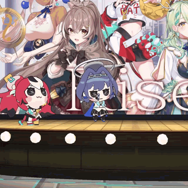 a group of anime characters are on a stage with the word rise in the background