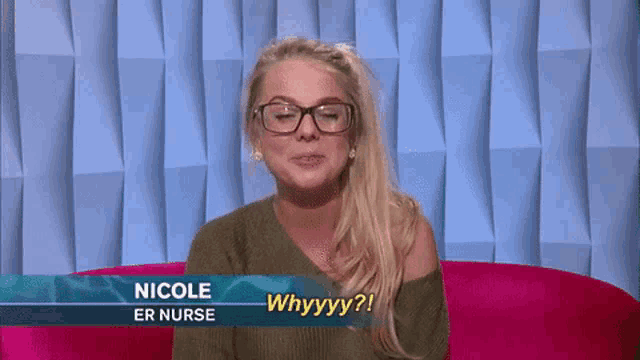 a woman wearing glasses is sitting on a pink couch and says nicole er nurse