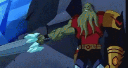 a cartoon character is holding a sword in his right hand and a sword in his left hand .