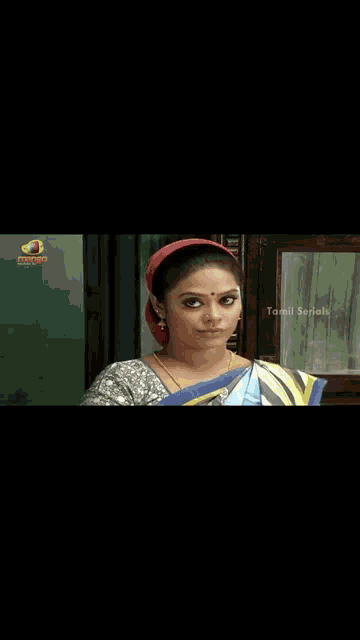 a woman in a striped sari is standing in front of a door .