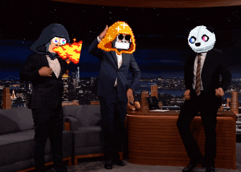 three men in suits are dancing in front of a city skyline at night