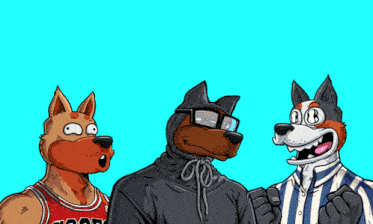three cartoon dogs with one wearing a jersey that says chicago bulls