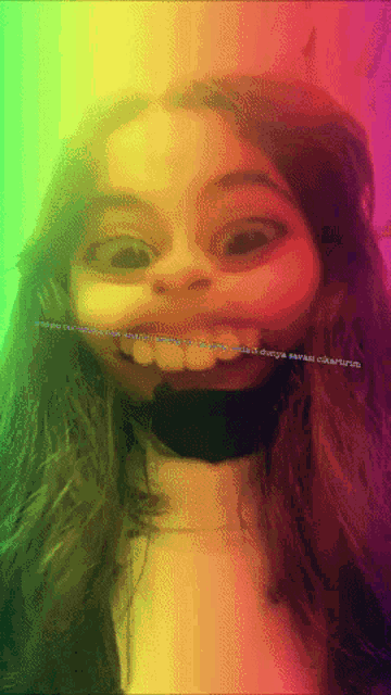 a girl with a fake smile on her face with a rainbow in the background