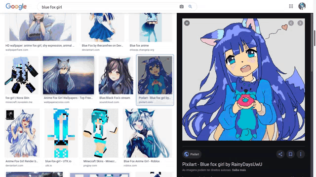 a google search for blue fox girl shows a picture of a girl holding a donut