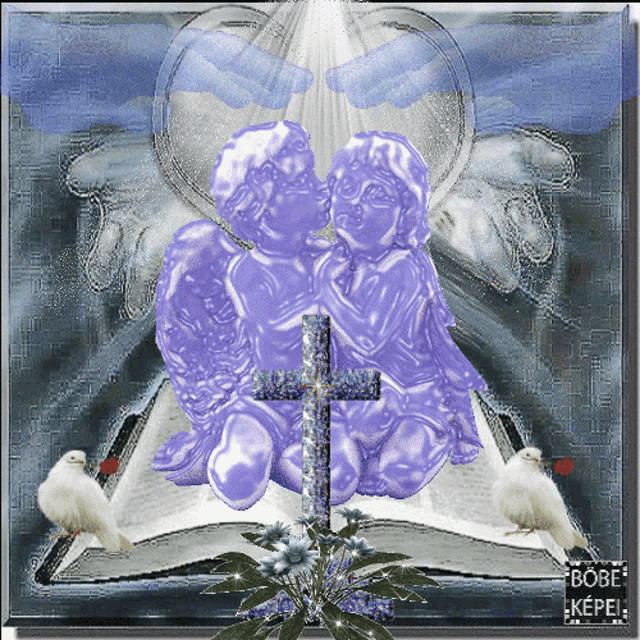 a picture of two purple angels kissing with a cross in the background