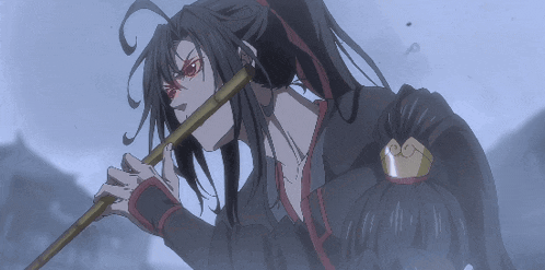 a man with long hair is playing a flute in a cartoon