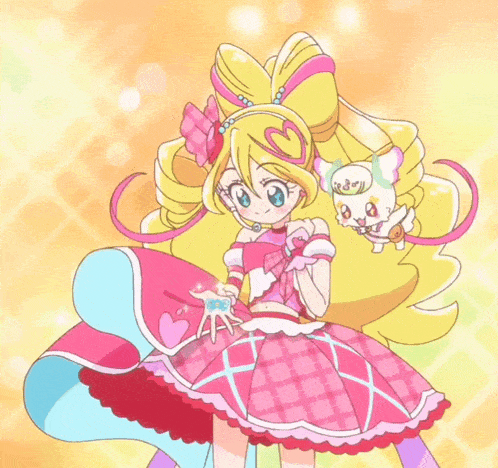 a cartoon drawing of a girl in a pink dress holding a small animal