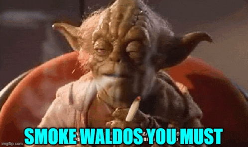 yoda is sitting in a chair smoking a cigarette and says `` smoke waldo , you must '' .