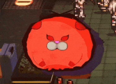 a cartoon character with red eyes and a purple nose is standing on a tiled floor .