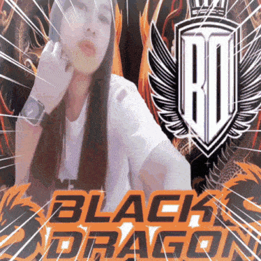 a woman is standing in front of a logo for black dragon