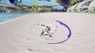 a person in a video game is standing on a sandy beach near the water