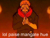a cartoon character is standing in front of a fire with the words `` lol paise mangate hue '' written on it .