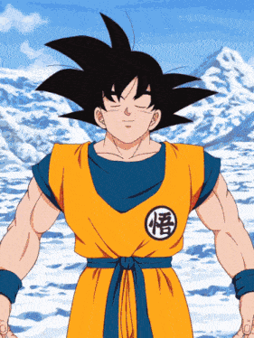 a cartoon character named goku is standing in the snow