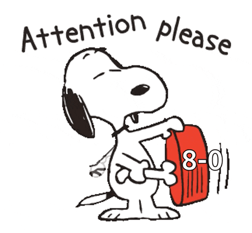 a cartoon of snoopy saying " attention please " while holding a red object
