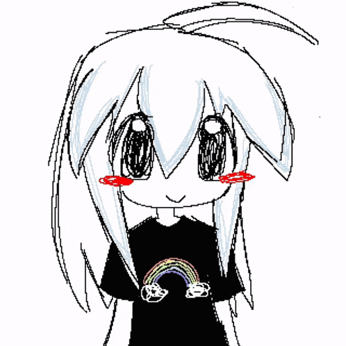 a black and white drawing of a girl with a rainbow on her shirt