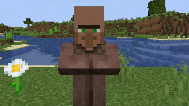 a minecraft character stands in front of a river and a flower