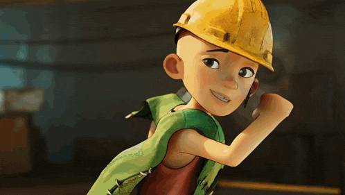 a cartoon character wearing a hard hat and a green vest