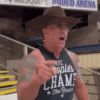 a man wearing a cowboy hat and a shirt that says the people 's champ on it