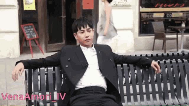 a man in a suit sits on a bench with the name vena amori iv written below him