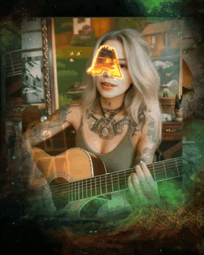 a painting of a woman playing a guitar with a light coming out of her face