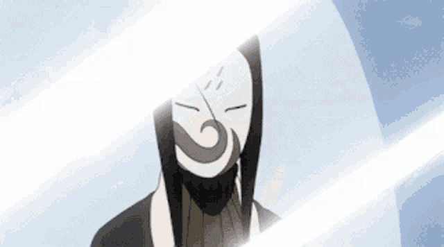 a cartoon character with a white mask on his face is standing in front of a blue sky .