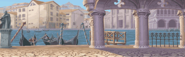 a painting of a city with gondolas and a statue in the foreground