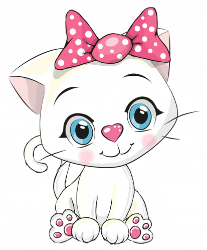 a white cat with a pink polka dot bow on its head