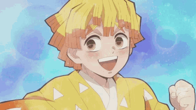 a cartoon character with yellow hair is smiling and holding his fist up