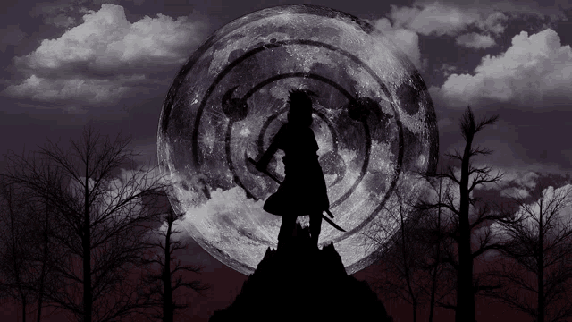 a silhouette of a person with a sword in front of a full moon