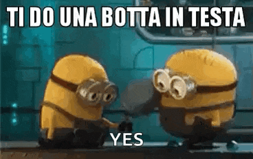 a couple of minions are standing next to each other and talking to each other .