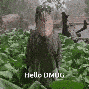 a bird with a large beak is standing in a field of green leaves and says hello dmug .