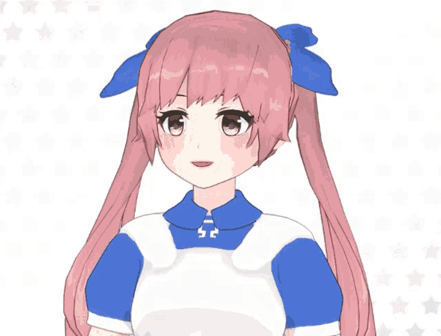 a girl with pink hair and a blue bow in her hair stands in front of a sign that says k ( k ( )