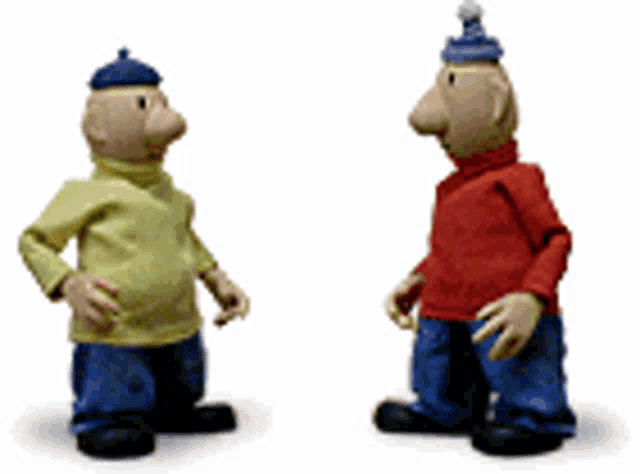 two cartoon figures are standing next to each other