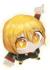 a chibi drawing of a girl with yellow hair and orange eyes giving a thumbs up .