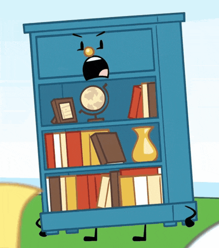 a blue bookshelf with a globe and a vase on the shelves