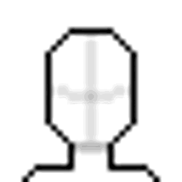 a black and white pixel art drawing of a ghost with two squares in its eyes .