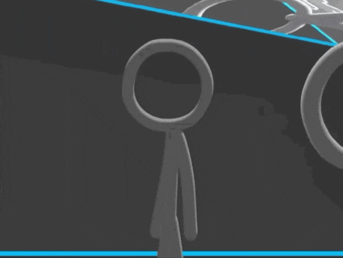 a stick figure is standing in front of a blue circle