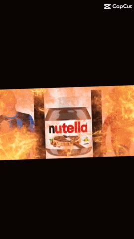a bottle of nutella sits next to a boy in a blue and black shirt