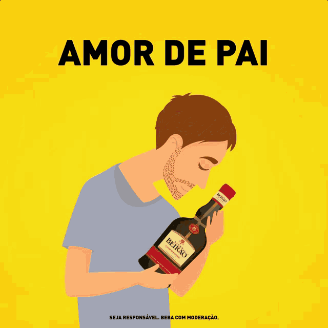 a man smelling a bottle of bebidas on a yellow poster