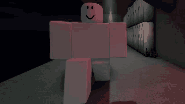 a roblox character with a smile on his face is standing in a dark hallway