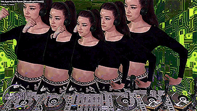 a group of women wearing headphones are standing in front of a dj booth