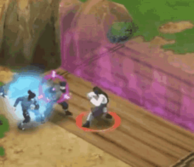 a couple of people are standing next to each other on a wooden floor in a video game .