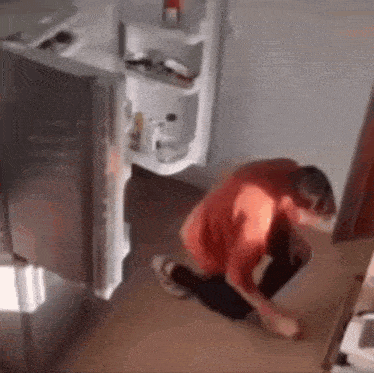 a man in a red shirt is kneeling in front of an open refrigerator .