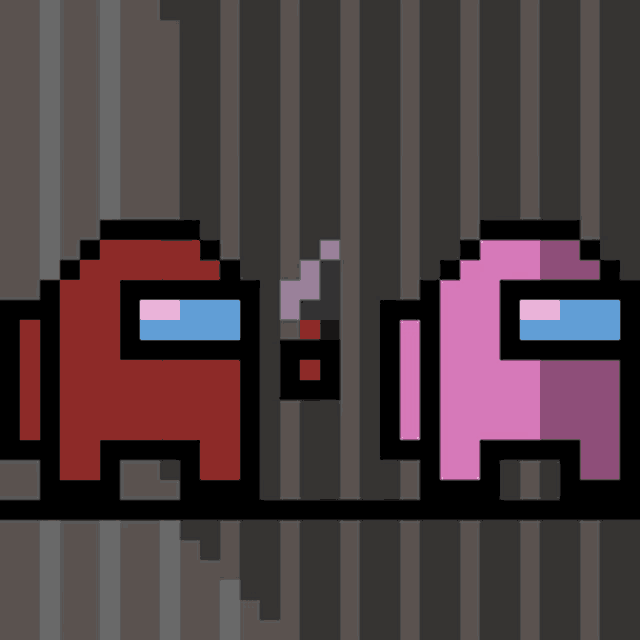 a red and a pink among us character are standing next to each other on a striped background .
