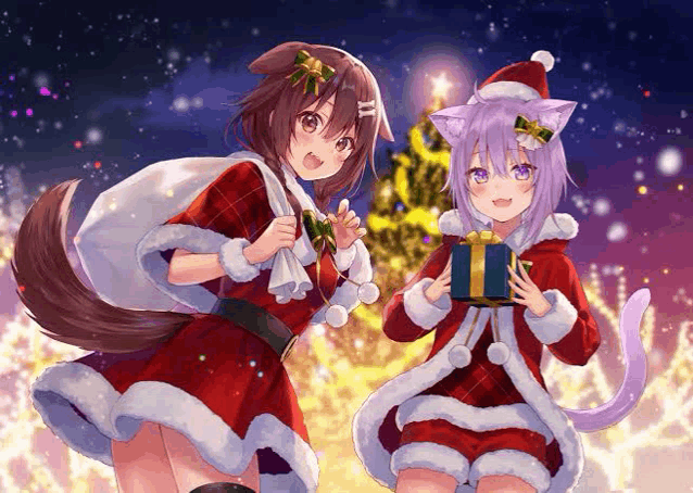 two anime girls dressed as santa claus are standing next to each other in front of a christmas tree holding presents .