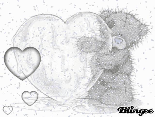 a drawing of a teddy bear holding a heart that says blingee on it