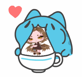 a cartoon drawing of a blue cat holding a cup with a girl inside of it