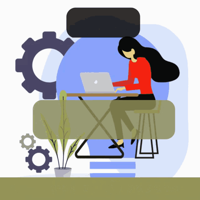 a woman sits at a desk with a laptop