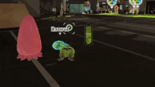 a video game shows a squid and a green squid with the words " ипочих " on the screen